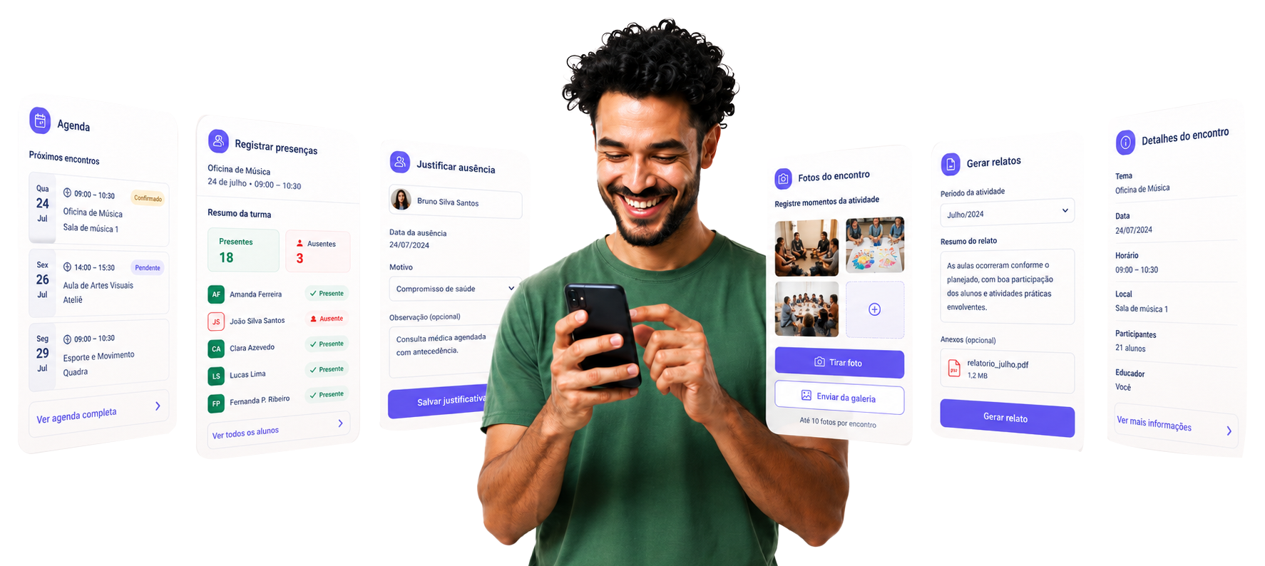 Educador usando o celular para registrar agenda, presenças, fotos e relatos